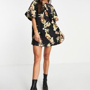 Free People Jodie Print Tunic Mini Dress Oversize Cotton Black Floral Size M
